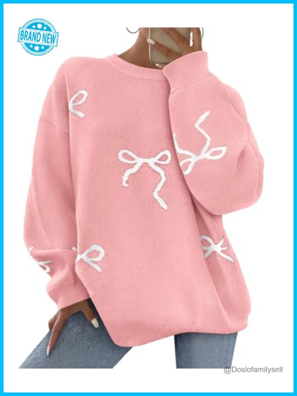 Womens Long Sleeve Bow Print Oversized Chunky Knit Pullover Sweater